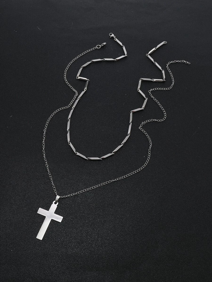 2pcs Men Cross Pendant Necklace - Silver - View 1