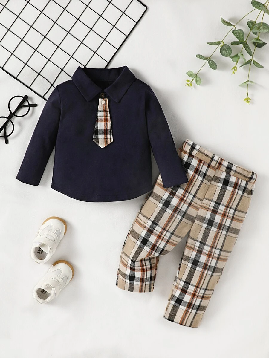 男嬰系帶補丁貼上衣和格紋長褲 - 彩色 - 查看 1
