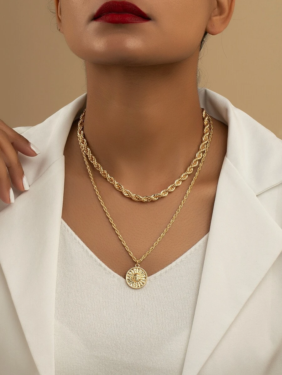 Sun Pendant Layered Necklace - Yellow Gold - View 1
