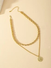 Sun Pendant Layered Necklace - Yellow Gold - View 2