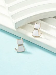 Rhinestone Decor Cat Design Stud Earrings - White - View 1