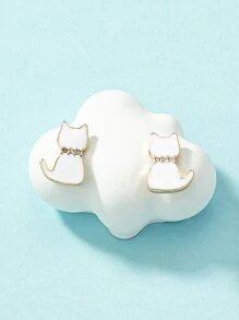 Rhinestone Decor Cat Design Stud Earrings - White - View 2