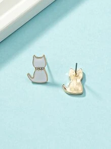 Rhinestone Decor Cat Design Stud Earrings - White - View 4