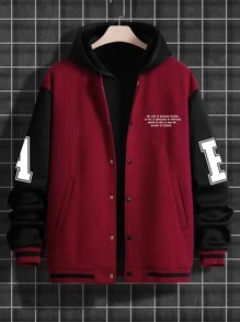 Manfinity LEGND 男士1入組翅膀和標語圖案雙色學院風夾克 - 酒紅色 - 查看 2