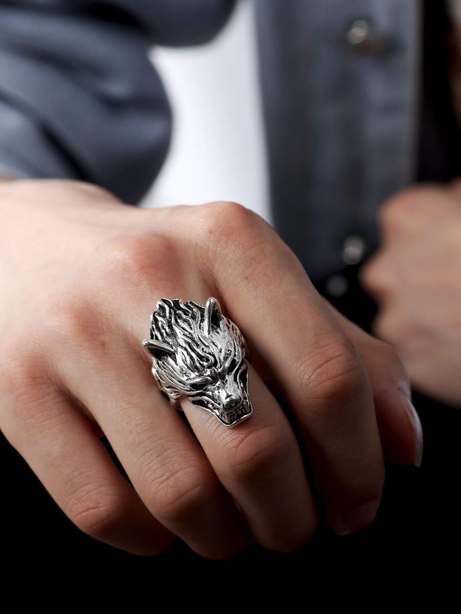 Nhẫn nam trang trí đầu sói - Màu Bạc Cổ - Xem 1