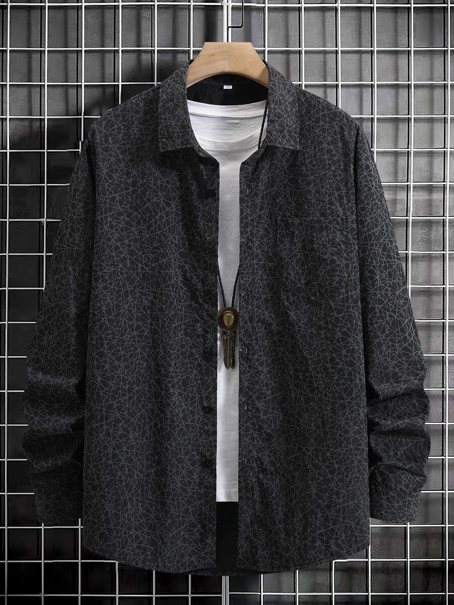 Manfinity Hombres Camisa con estampado con botón delantero - Negro - Ver 1