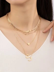 3pcs Heart & Letter Charm Necklace - Yellow Gold - View 1