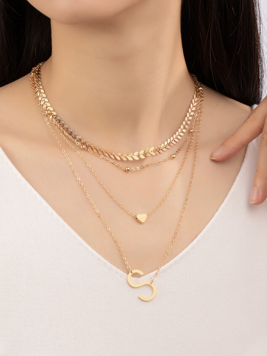 3pcs Heart & Letter Charm Necklace - Yellow Gold - View 1