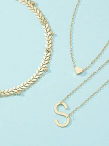 3pcs Heart & Letter Charm Necklace - Yellow Gold - View 3