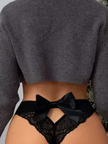 SHEIN Floral Lace Bow Back Panty Lingerie Bow Tie - Black - View 1