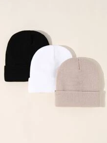 3pcs Toddler Kids Solid Knit Cuff Beanie - Multicolor - View 1