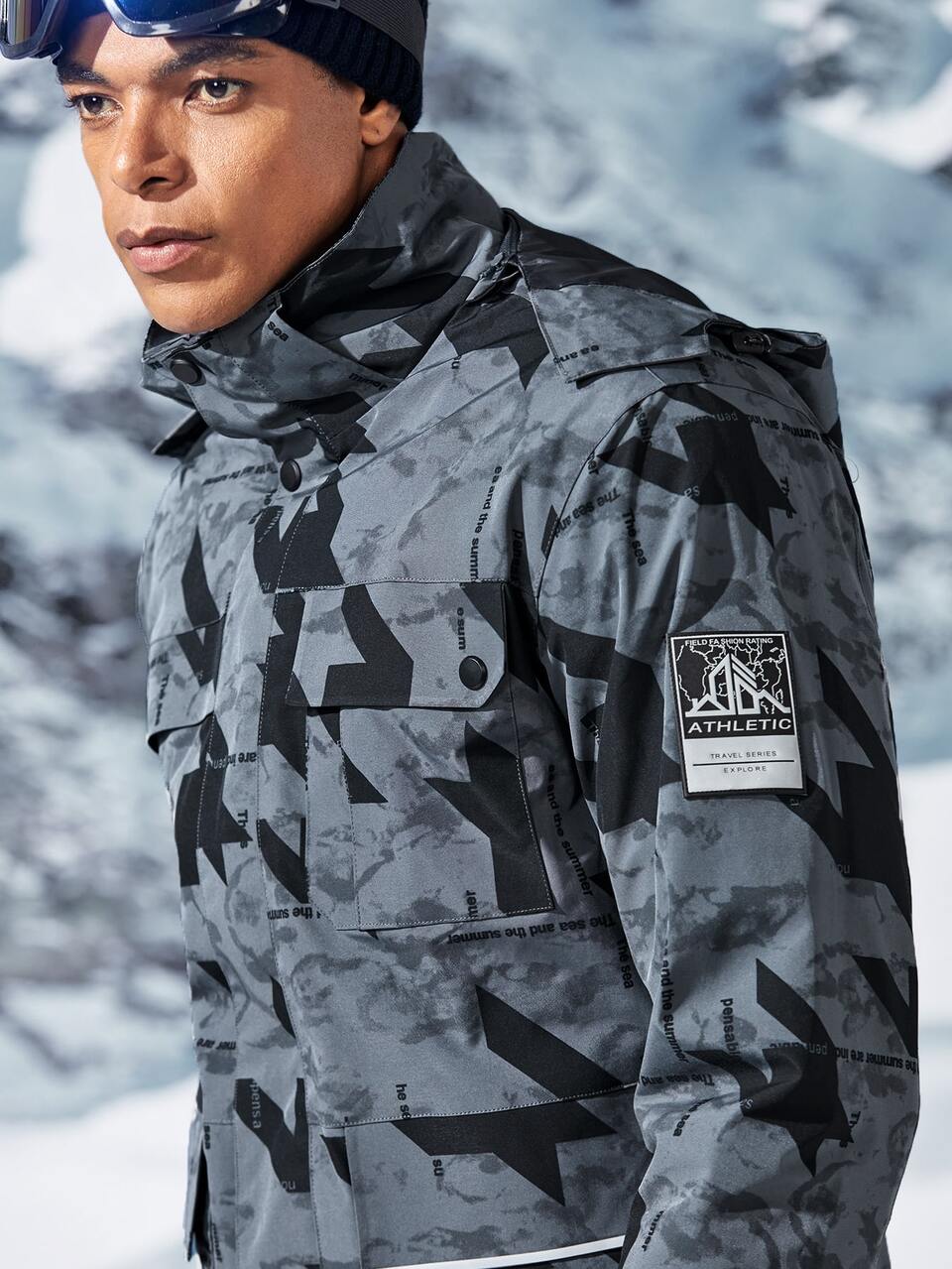 Men Houndstooth Print Patched Detail Hooded Sports Jacket Workout Tops Sports Jacket