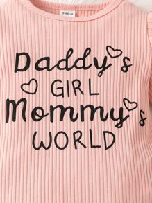 嬰兒女寶寶字母圖形荷葉邊連身衣＆條紋壓褶腰帶褲配頭箍 - 彩色 - 查看 3