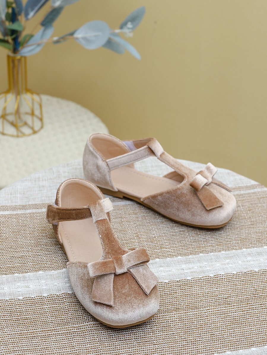 Girls Velvet Bow Decor Flats - Apricot - View 1