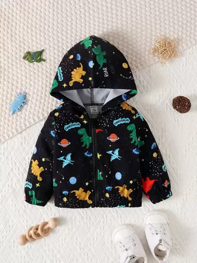 SHEIN Vintaside Kids Bebé niño Cazadora con estampado de dinosaurio con cremallera con capucha
