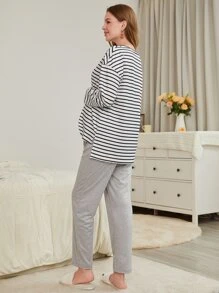 SHEIN Maternity Striped Drop Shoulder Tee & Trousers PJ Set - Black and White - View 2