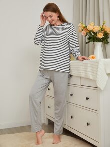 SHEIN Maternity Striped Drop Shoulder Tee & Trousers PJ Set - Black and White - View 3