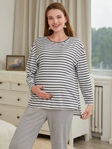 SHEIN Maternity Striped Drop Shoulder Tee & Trousers PJ Set - Black and White - View 4