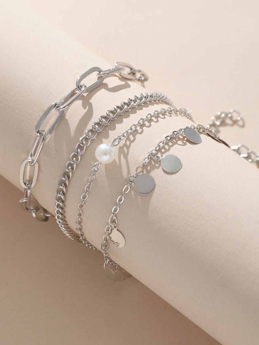 4 件金属质感手链，女士珠宝（吊坠数量各不相同，取决于长度） - 復古銀色 - 查看 1