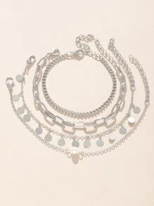 4 件金属质感手链，女士珠宝（吊坠数量各不相同，取决于长度） - 復古銀色 - 查看 2