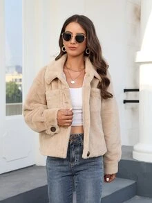 Abrigo con bolsillo delantero de hombros caídos de peluche - Albaricoque - Ver 1