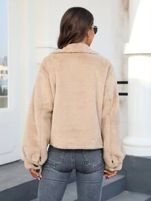 Abrigo con bolsillo delantero de hombros caídos de peluche - Albaricoque - Ver 2