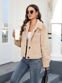 Abrigo con bolsillo delantero de hombros caídos de peluche - Albaricoque - Ver 6