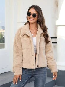 Abrigo con bolsillo delantero de hombros caídos de peluche - Albaricoque - Ver 7