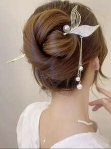 水鑽魚尾巴和珍珠流蘇裝飾髮夾 - 彩色 - 查看 1