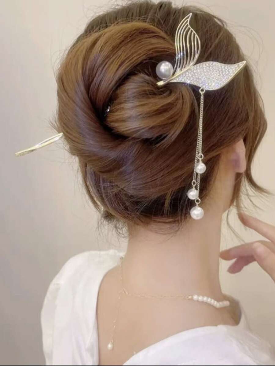 水鑽魚尾巴和珍珠流蘇裝飾髮夾 - 彩色 - 查看 1