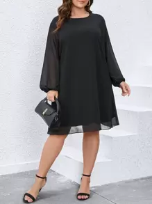 SHEIN Clasi Plus Lantern Sleeve Tunic Dress - Black - View 1