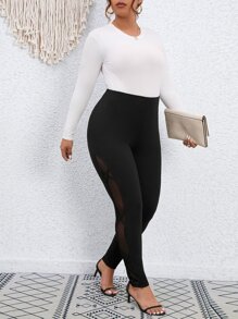 SHEIN LUNE Plus Contrast Mesh Leggings - Black - View 4