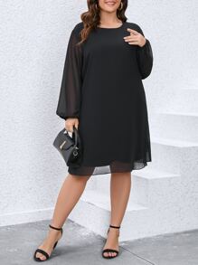 SHEIN Clasi Plus Lantern Sleeve Tunic Dress - Black - View 6
