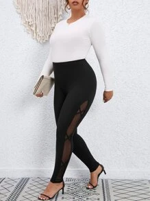 SHEIN LUNE Plus Contrast Mesh Leggings - Black - View 7