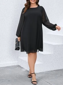 SHEIN Clasi Plus Lantern Sleeve Tunic Dress - Black - View 7