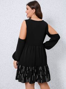 大碼條紋圖案挖肩荷葉邊洋裝 - 黑色 - 查看 2