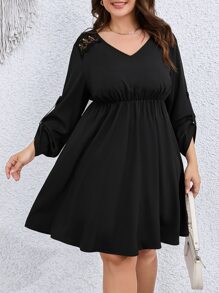 SHEIN Clasi Plus Contrast Lace Roll Up Sleeve Dress - Black - View 6