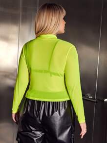 SHEIN Plus Mock Neck Mesh Top Without Bra - Lime Green - View 5
