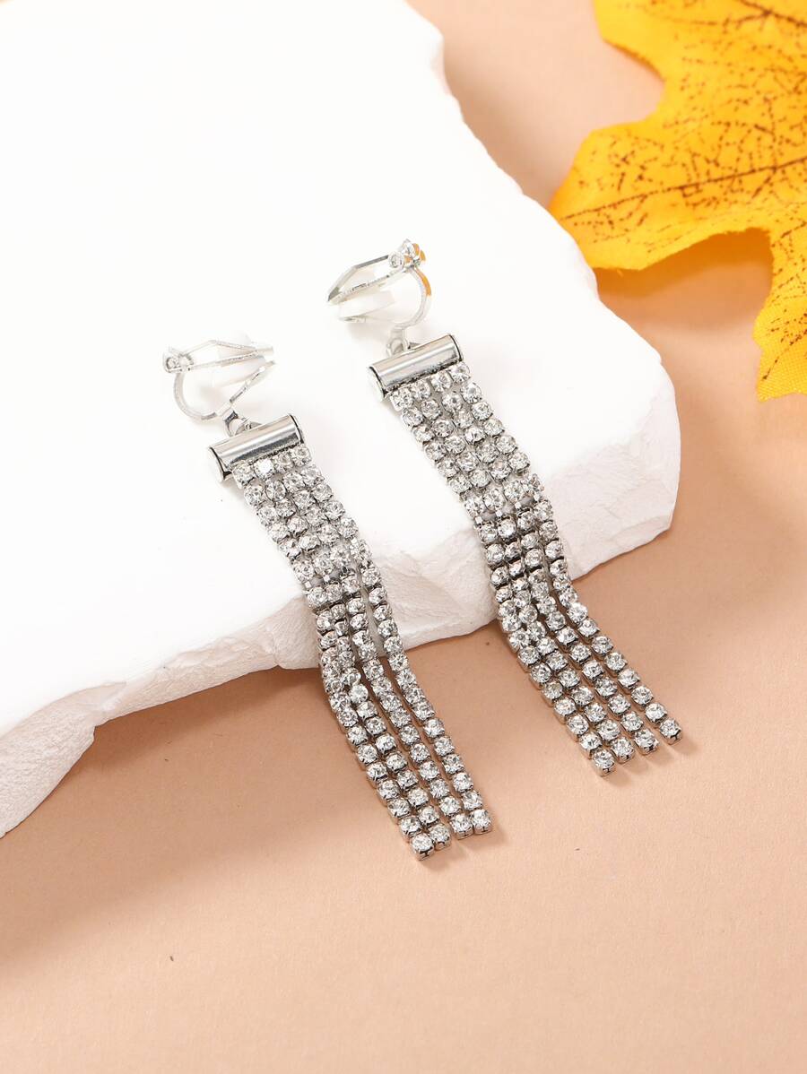 Rhinestone Tassel Decor Clip On Earrings - Silver - View 1