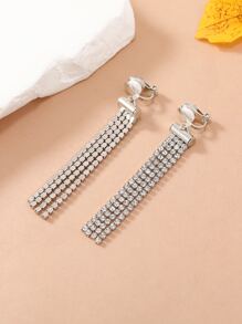 Rhinestone Tassel Decor Clip On Earrings - Silver - View 2