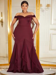 YISIKADO Plus Off Shoulder Ruffle Trim Mermaid Hem Formal Dress - Maroon - View 1
