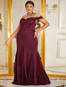 YISIKADO Plus Off Shoulder Ruffle Trim Mermaid Hem Formal Dress - Maroon - View 3