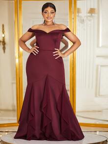 YISIKADO Plus Off Shoulder Ruffle Trim Mermaid Hem Formal Dress - Maroon - View 4