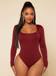 SHEIN SXY Square Neck Slim Fit Bodysuit - Burgundy - View 1