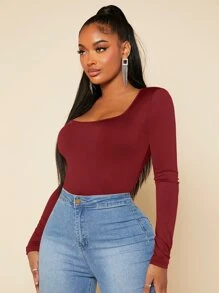 SHEIN SXY Square Neck Slim Fit Bodysuit - Burgundy - View 5
