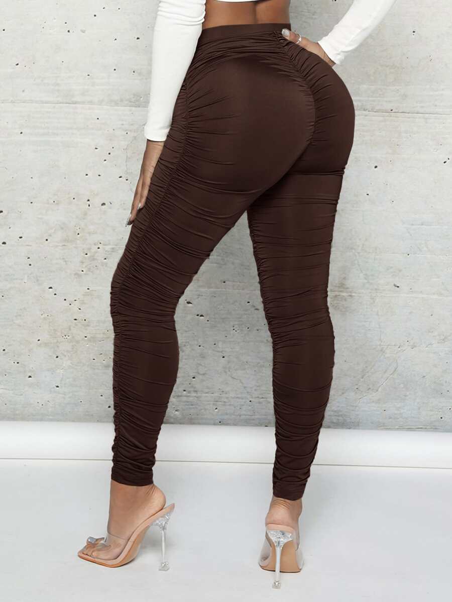 SHEIN SXY Quần tất nữ Bất đối xứng Xù màu trơn Giải trí - Màu nâu Sô-cô-la - Xem 1