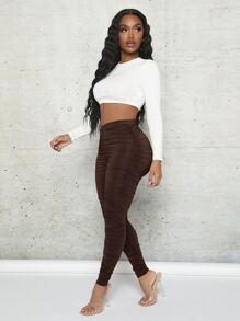 SHEIN SXY Quần tất nữ Bất đối xứng Xù màu trơn Giải trí - Màu nâu Sô-cô-la - Xem 4