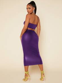SHEIN SXY PU Leather Crop Tube Top & Pencil Skirt - Violet Purple - View 2