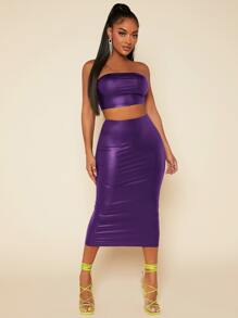 SHEIN SXY PU Leather Crop Tube Top & Pencil Skirt - Violet Purple - View 4