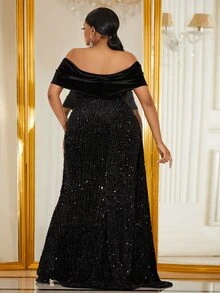 YISIKADO Plus Off Shoulder Split Thigh Sequin Formal Dress - Black - View 2